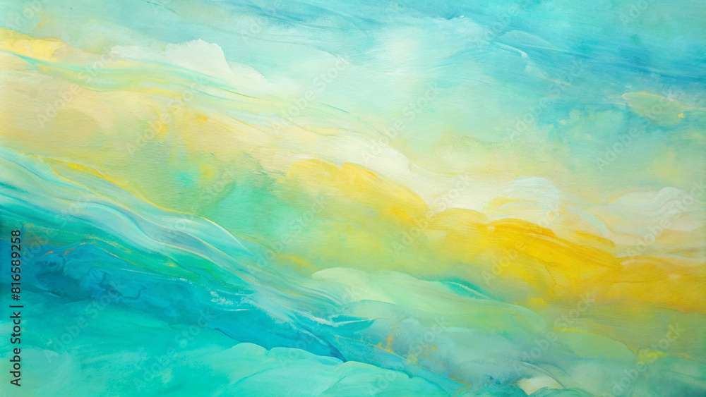 Vibrant Abstract Painting with Dynamic Brushstrokes: Fluid Landscape in Shades of Blue, Yellow, and Green for Modern Interior Design and Artistic Expression.