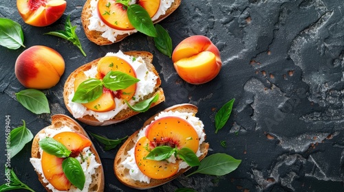 Morning Breakfast Idea Fresh Bread Sandwiches with Peach Slices Cream Cheese and Basil on Dark Stone Background