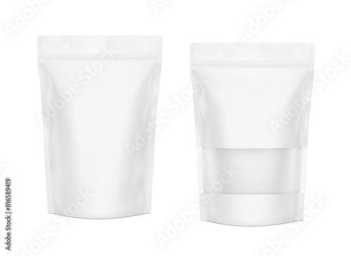 Pouch bags with clear window mockups on white background. With the transparent window and screen mode overlay, it's easy to make a realistic mockup of your product. Vector illustration. EPS10.