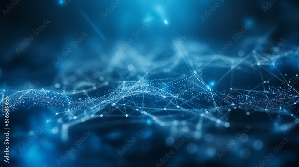 An abstract blue technological background featuring linked particles and a cyber network grid. Global data connections and artificial neurons An abstract blue technological background featuring linked particles and a cyber network grid. Global data connections and artificial neurons