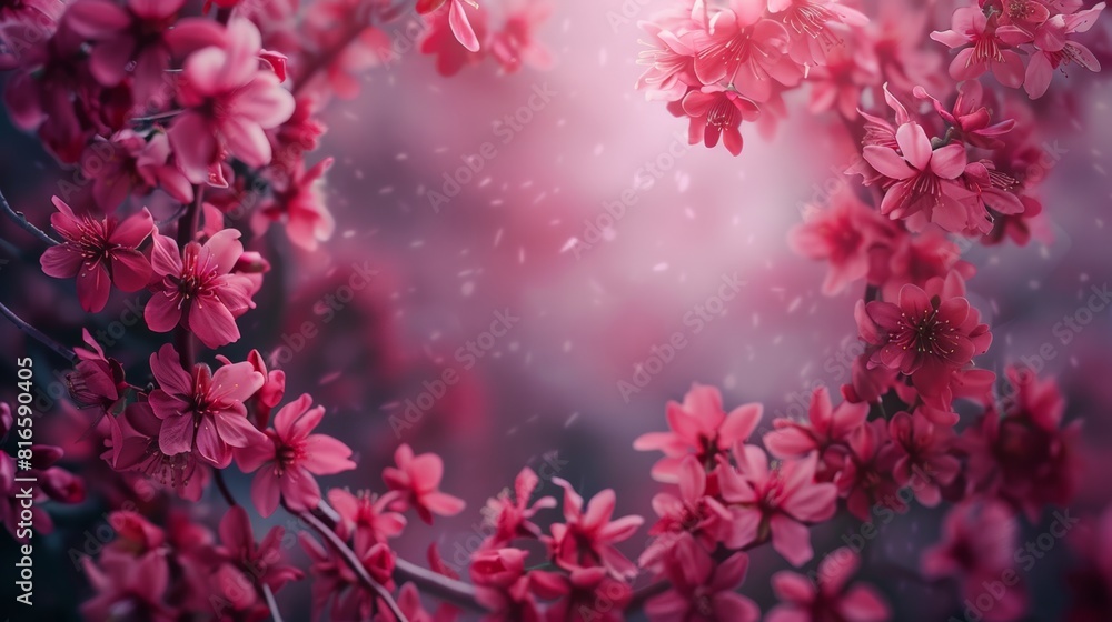 Deep pink cherry blossoms with falling petals, set against dreamy, blurred background. Soft lighting enhances vibrant colors and delicate details. romantic and serene atmosphere of spring. Deep pink cherry blossoms with falling petals, set against dreamy, blurred background. Soft lighting enhances vibrant colors and delicate details. romantic and serene atmosphere of spring.