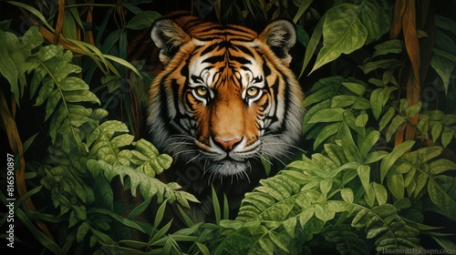 A tiger peers out from behind dense foliage  its eyes fixed on something just beyond the frame