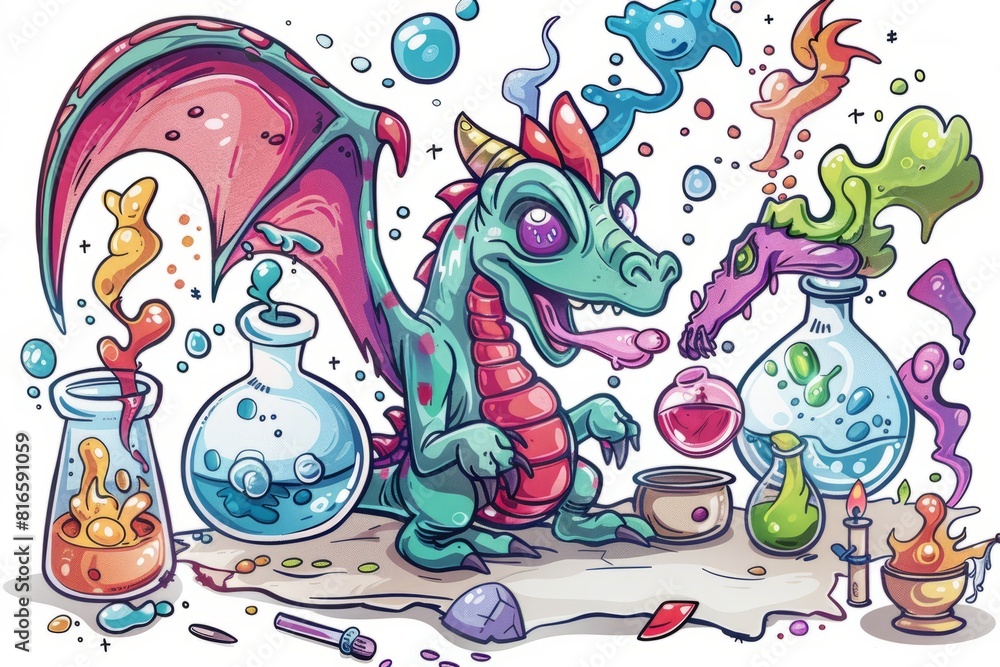 Cartoon cute doodles of a playful dragon experimenting with alchemical ...