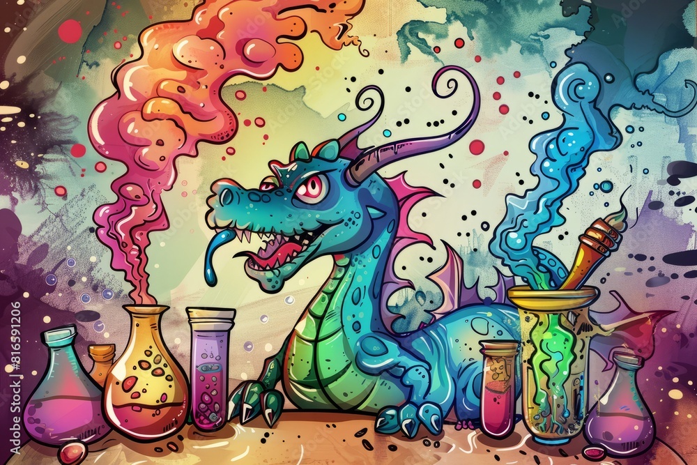 Cartoon cute doodles of a playful dragon experimenting with alchemical ...