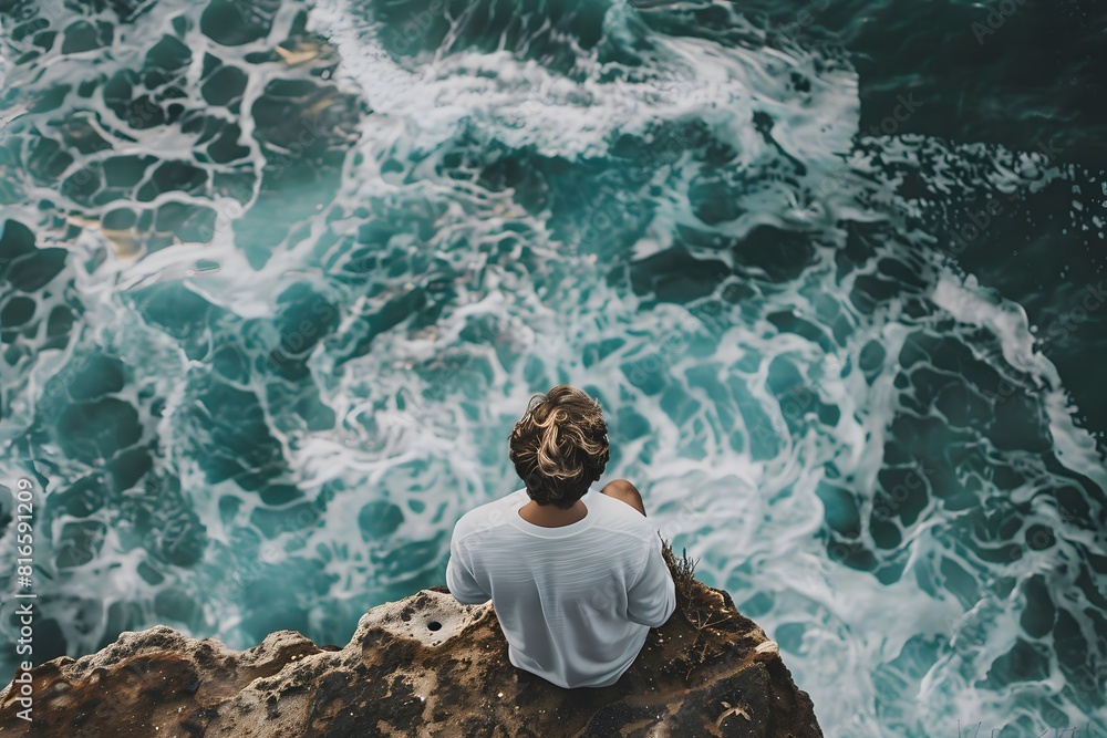 Fototapeta premium View from above of a man sitting on rocks and sea waves.