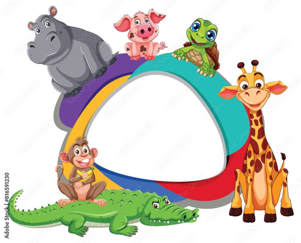 Naklejka premium Cartoon animals around a vibrant rainbow arch