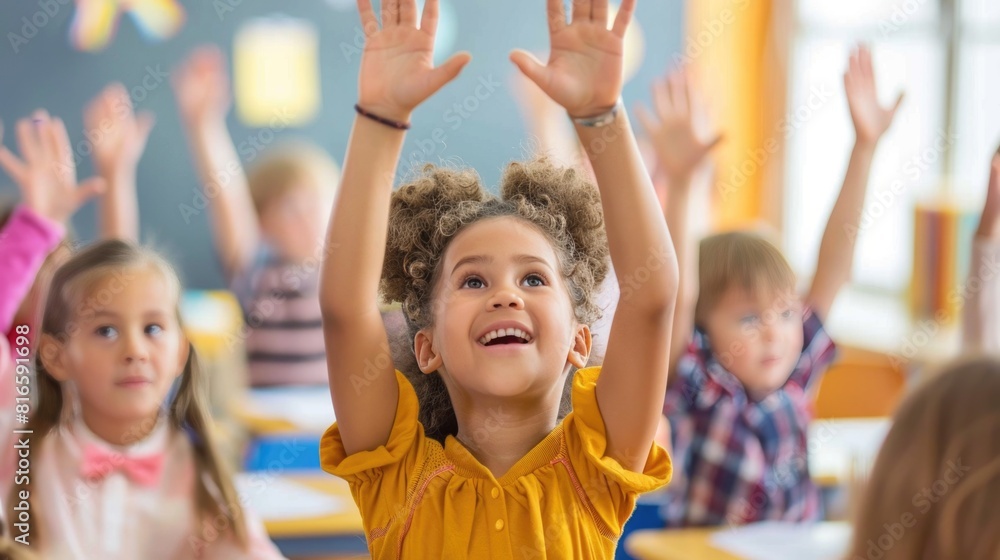 A group of children are in a classroom, one of them is smiling A group of children are in a classroom, one of them is smiling