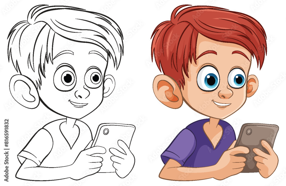 Colorful and line art of boy holding smartphone Colorful and line art of boy holding smartphone