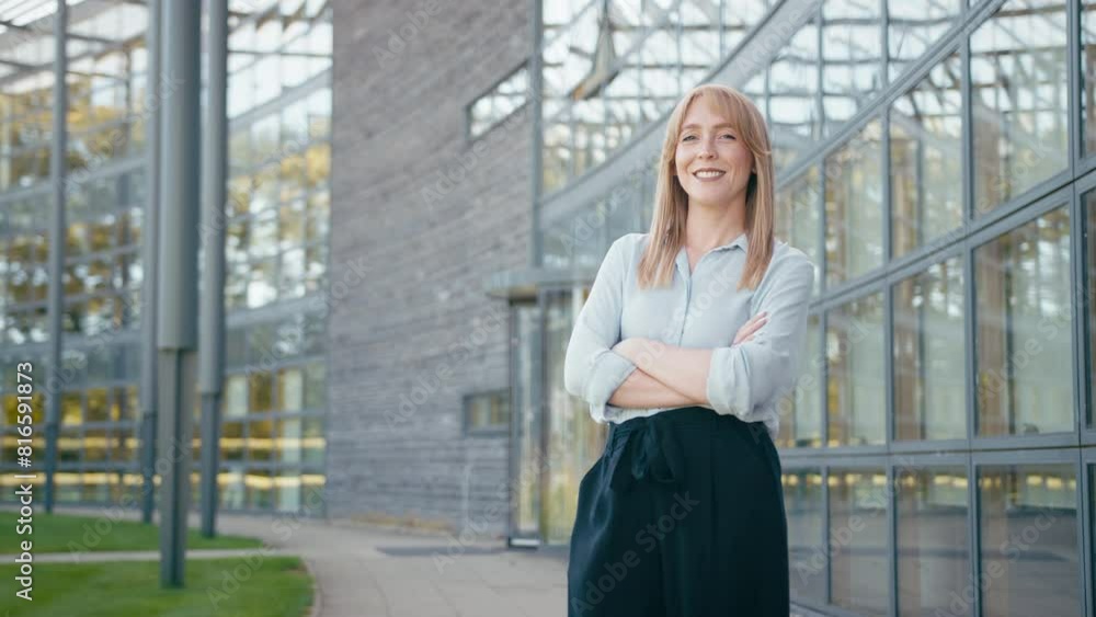 Camera pushes in on portrait of smiling businesswoman standing outside modern office building - shot in slow motion Camera pushes in on portrait of smiling businesswoman standing outside modern office building - shot in slow motion