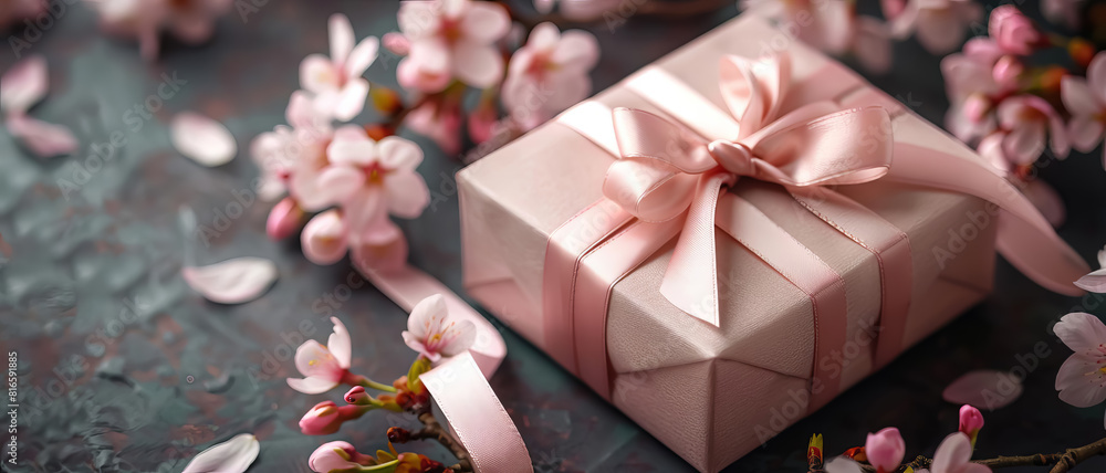 Elegant small gift box with pale pink satin ribbon and blooming Sakura flowers ideal for gift packaging promotions Elegant small gift box with pale pink satin ribbon and blooming Sakura flowers ideal for gift packaging promotions