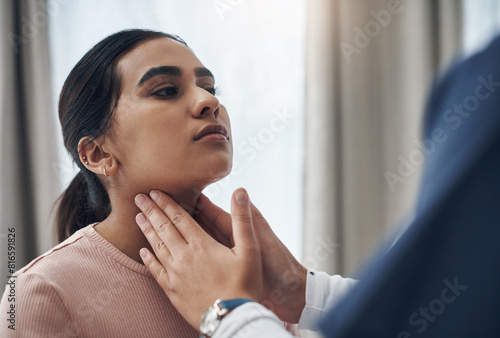 Nurse, woman and doctor with hand on throat, checking and thyroid issue or glands in healthcare appointment. Clinic, hospital exam and patient for wellness, infection and diagnosis with professional photo