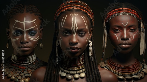 African female tribe with painted faces and jewelry close up 