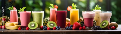 A variety of fruit juices in glasses are placed on a wooden table. Behind the glasses are various fruits.