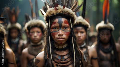 Wild tribe in the jungle with painted faces, jewelry and cultural traditions 