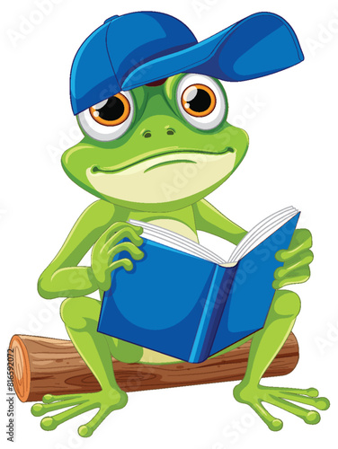 Cartoon frog reading on a log, wearing a cap