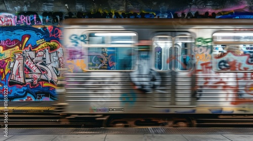 A graffiti covered subway train is shown in motion