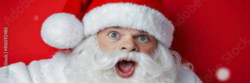 Banner. Portrait of shocked mature man with grey beard dressed in Santa Claus festive costume against red backgroun