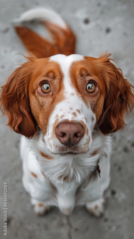 A brown and white English Cocker Spaniel dog gazes up at the camera, its curious eyes capturing attention