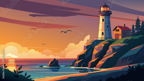 Serene Sunset at Coastal Lighthouse Illustration