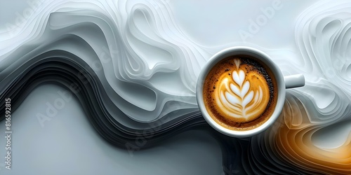 Aerial view of D coffee cup with latte art on wave background. Concept Coffee Cup, Latte Art, Aerial View, Wave Background