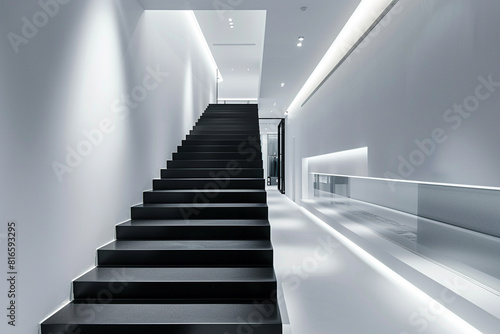 Black minimalist staircase in a high-end boutique, surrounded by stark white walls.