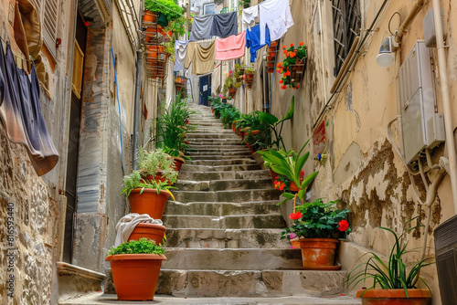 A charming alley staircase in Europe  with laundry overhead and greenery on each step.