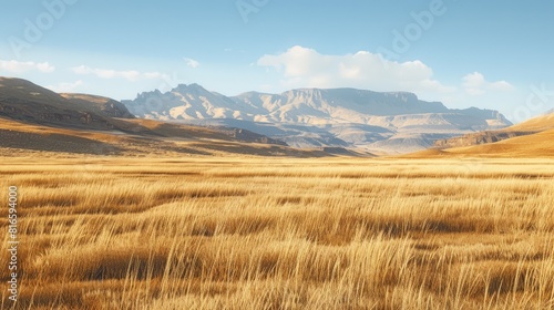Brown grass and layered mountains in a natural farming setting