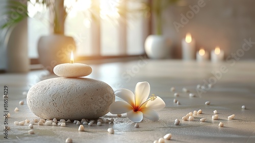 Zen stones, candles and white flowers on beige background with copy space, wellness and harmony, massage and bodycare, spa and wellness concepts