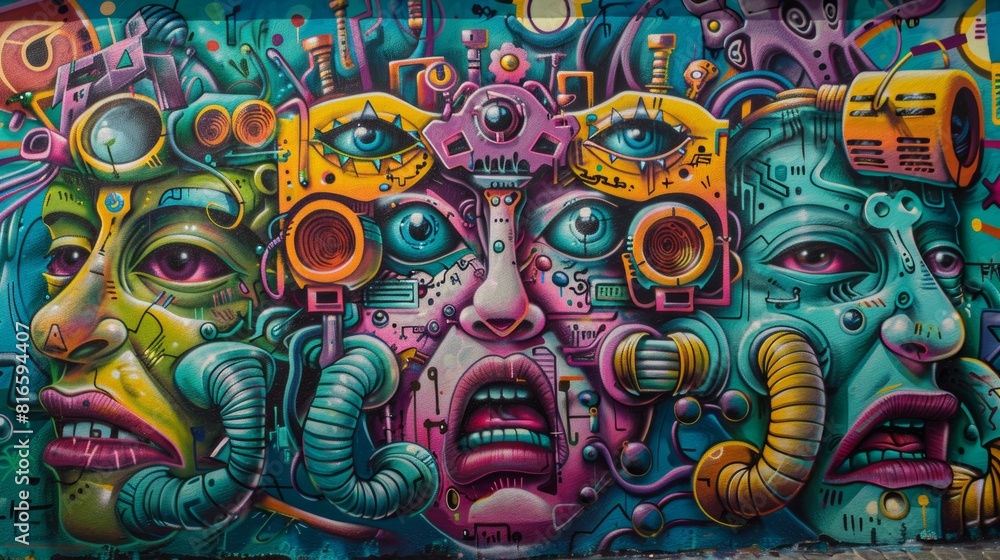 Obraz premium Vibrant urban graffiti artwork with abstract faces