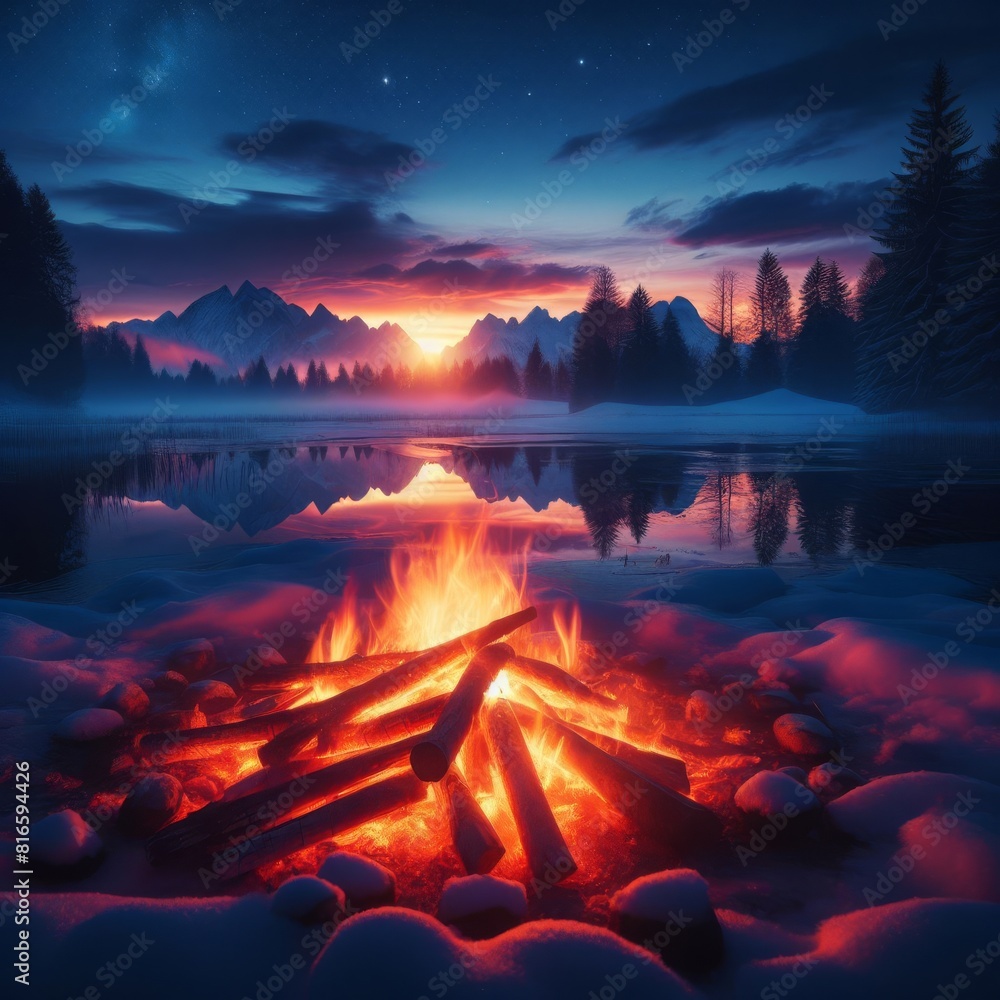 A campfire burns brightly against a snowy landscape with a backdrop of starlit sky and mountain silhouettes.. AI Generation A campfire burns brightly against a snowy landscape with a backdrop of starlit sky and mountain silhouettes.. AI Generation
