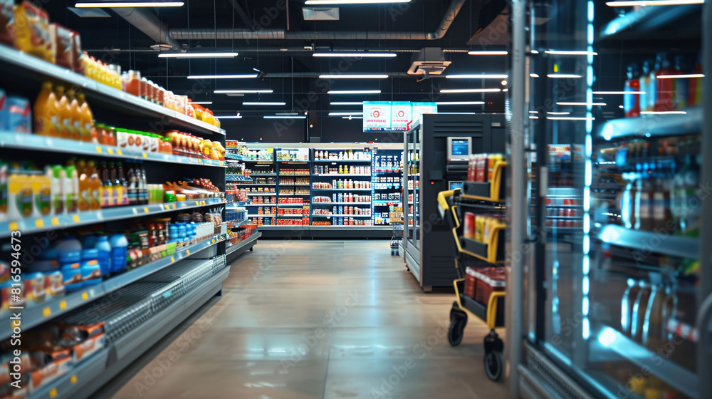 Supermarket Background, Modern Supermarket with black cooler Food Shelfs Supermarket Background, Modern Supermarket with black cooler Food Shelfs