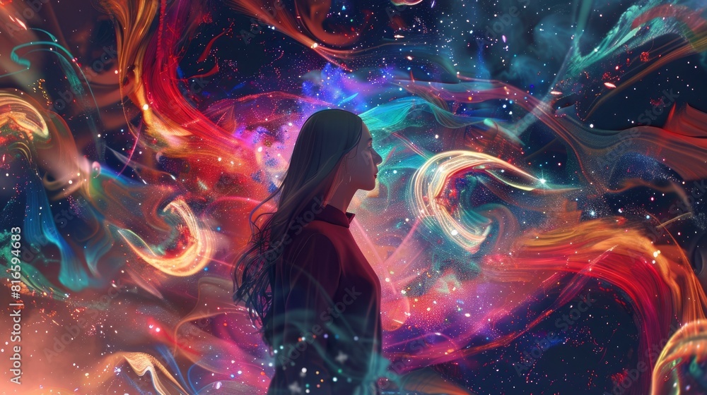 A woman stands in front of a colorful, swirling galaxy A woman stands in front of a colorful, swirling galaxy