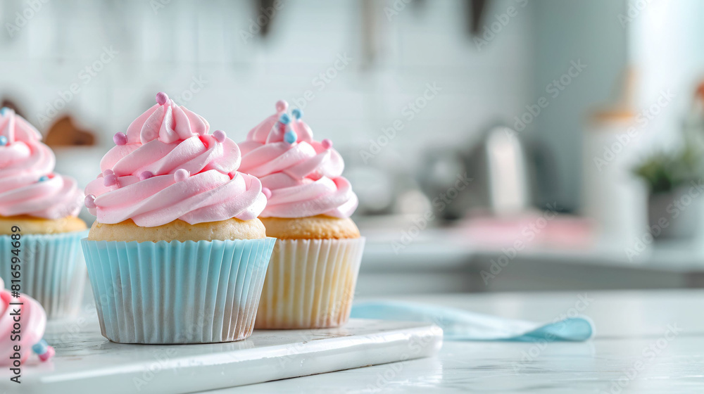 Cupcake Decorated with Pink Frosting and Sprinkles at Bakery, with Blurry Background, Bakery products Cupcake Decorated with Pink Frosting and Sprinkles at Bakery, with Blurry Background, Bakery products