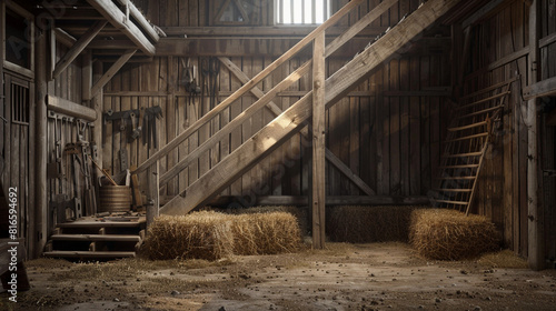 Simple wooden staircase in a barn, hay stored under steps, tools on walls.