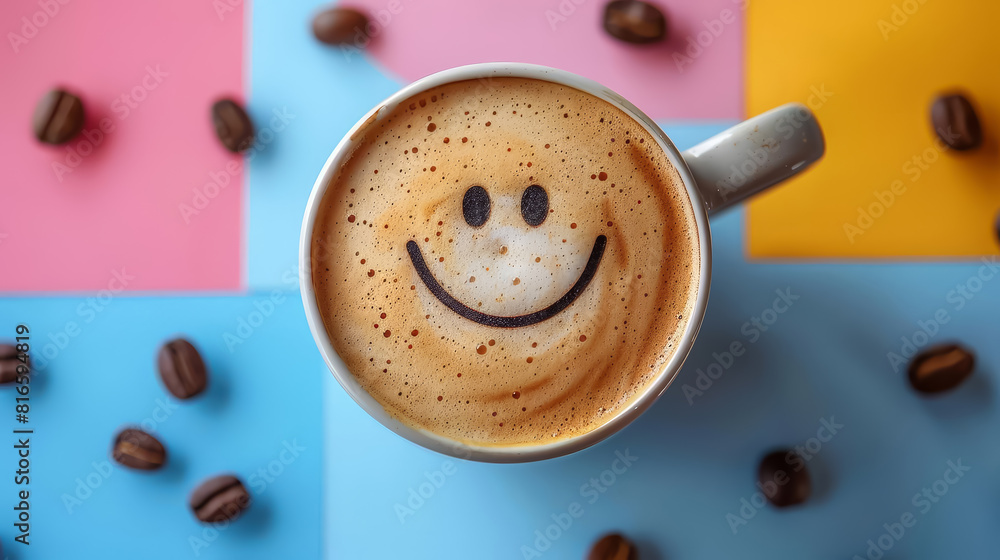 Coffee cup with a smiling face drawn on the milk foam set against various colorful backgrounds Coffee cup with a smiling face drawn on the milk foam set against various colorful backgrounds