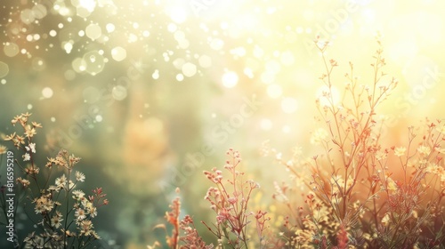 Warm sunlight filters through a field of wildflowers with bokeh effect, creating a serene, dreamy atmosphere