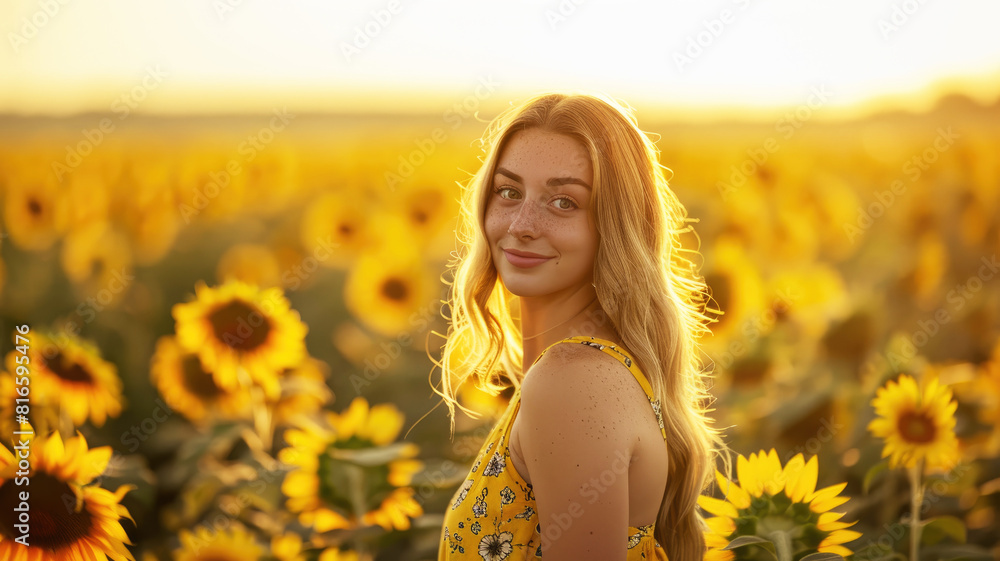 Portrait of a beautiful woman wearing a bright yellow dress in the middle of a field of blooming sunflowers at sunset Portrait of a beautiful woman wearing a bright yellow dress in the middle of a field of blooming sunflowers at sunset