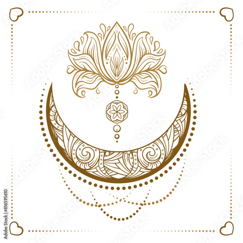 Golden crescent moon temporary tattoo. Ethnic style vector graphic.