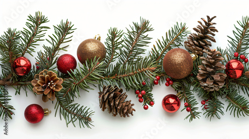 Fir branches with Christmas balls and cones on white background