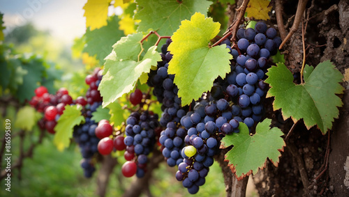 A close-up of a cluster of purple and red grapes on a vine, with green leaves in the background.