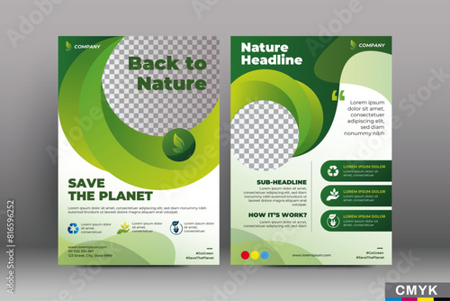 Editable Green Flyer templates. Nature green leaf, environment design. Size A4 CMYK Vector illustration	
 photo