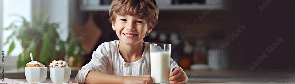 A young boy is sitting at a table with a glass of milk and a spoon A young boy is sitting at a table with a glass of milk and a spoon