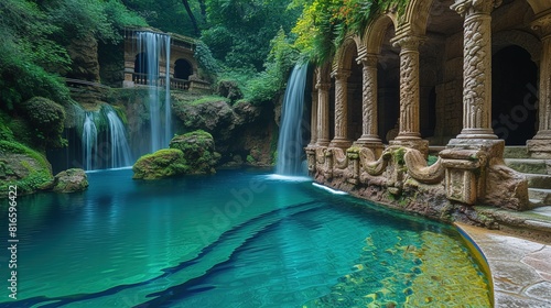 a natural waterfall pool with stone carved ruins integrated into the design  overgrown  cascades  dense forest  rocks and cliffs  appalacian  serene  Generate AI.