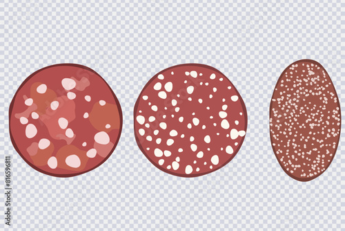 Slices of various sausage. Round slices of sausage salami isolated on transparent. Ingredient to create sandwiches canape, snacks .Great for menu, label, product packaging, recipe. Vector flat design