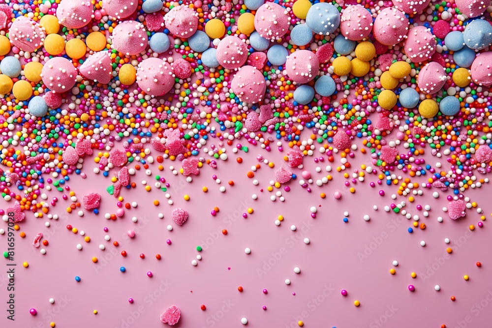 Colorful sprinkles on a pink background with space for copy. The ...