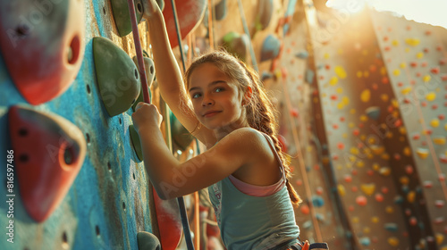 Young girl using handholds to climb up an artificial rock wall indoor photo