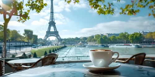 Fototapeta Naklejka Na Ścianę i Meble -  4k timelapse animation of coffee cup with Eiffel Tower in cafe. Concept Timelapse Animation, Coffee Cup, Eiffel Tower, Cafe, 4k Quality