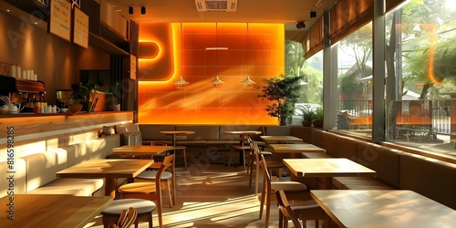 Animethemed cozy cafe interior with wooden furniture orange lighting and chill vibes. Concept Anime Cafe, Cozy Interior, Wooden Furniture, Orange Lighting, Chill Vibes photo
