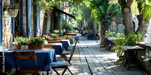 Enchanting Provencal Cafe: Wooden Tables, Blue Tablecloths, and Fresh Flowers. Concept Provencal Cafe, Wooden Tables, Blue Tablecloths, Fresh Flowers, Enchanting Atmosphere