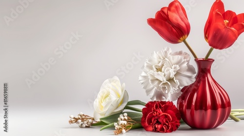 Elegant Red and White Floral Arrangement with Tulip  Rose  Lilies  and Carnation in Red Vase Against Soft White Background